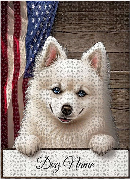 Custom Wooden Jigsaw Puzzles with Your Dog's Name on American Eskimo Art Print - 300 500 1000PCS Puzzles Game and Home Wall Decor