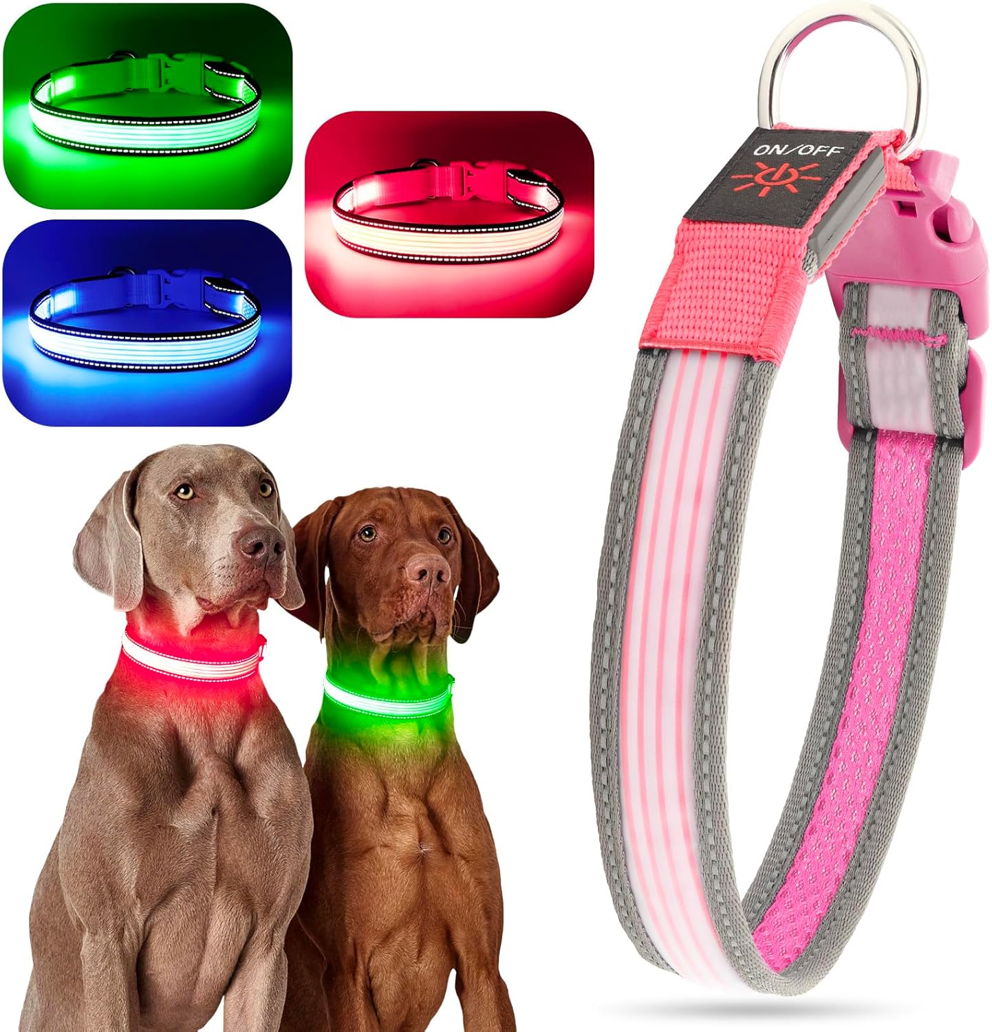 YFbrite Full Adjustbale LED Dog Collar, Full Illuminated Light up Dog Collars, Reflective Dog Collar Light Glowing in The Dark for All Dogs Safety (Large, Pink-2)
