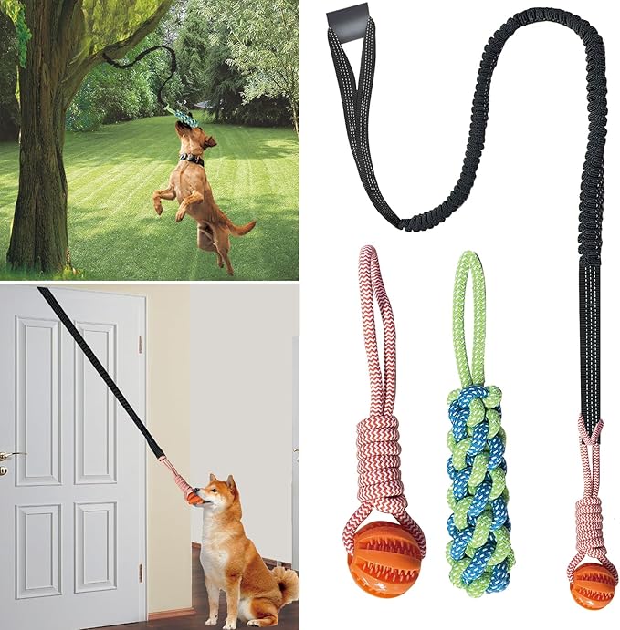 Interactive Dog Toys Tug of War Dog Toy for Small/Medium/Large Dogs,Teething Rope for Teeth Cleaning,Puzzle Ball for Chewing,Dog Bungee Tug Toy Kit, Blue