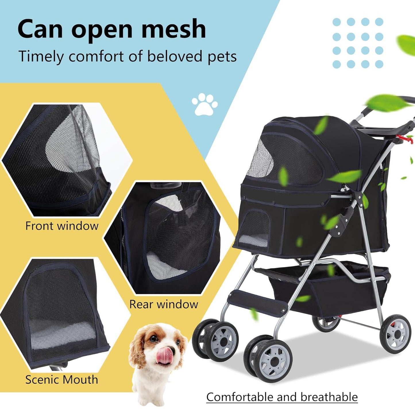 FDW Pet Stroller 4-Wheel Dog Cat Stroller Travel Folding Carrier with Cup Holder and Removable Liner for Small Medium Dogs Cats, Dark Black