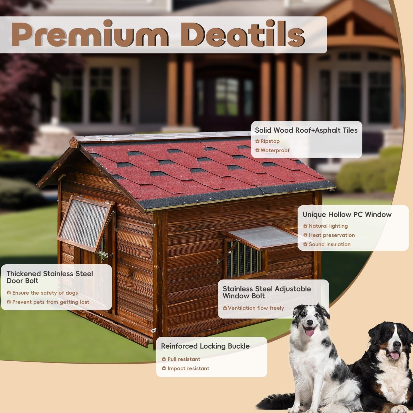 Durable Weatherproof Pine Wood Dog House Outdoor for Small to Large Sized Dogs,Luxury Outdoor Dog Kennel Shelter with Elevated Floor,Lockable Door,Adjust Windows,Easy to Clean,Easy to Assemble