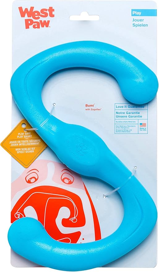 West Paw Zogoflex Bumi Dog Tug Toy – S-Shaped, Lightweight Chew Toys for Fetch, Play, Pet Exercise – Tug of War Soft Flinging Squishy Chewy Toy for Dogs – Guaranteed, Latex-Free, Large 9.5", Aqua Blue