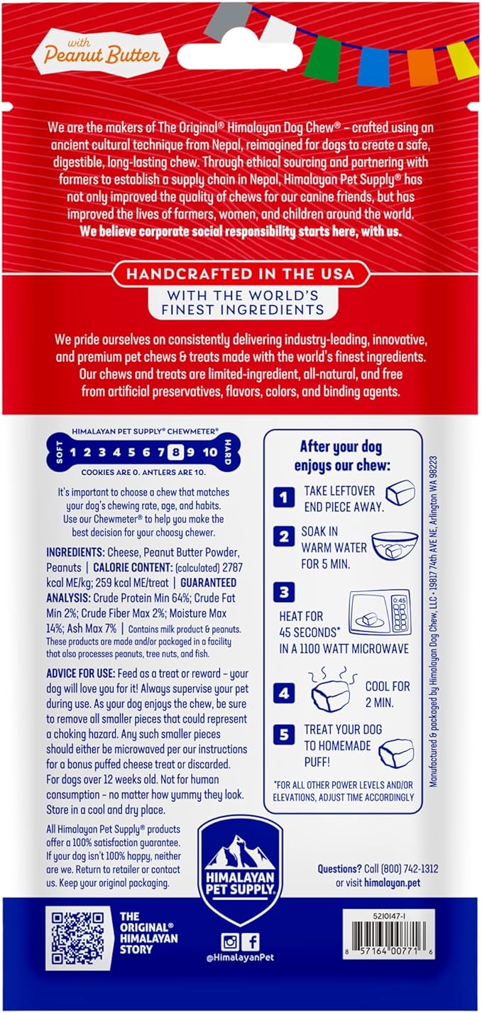 Himalayan Dog Chew Original Yak Cheese Chew, Peanut Butter, 1 Large Stick, 3.3 oz, Gluten Free, Healthy Treats, Grain & Lactose Free 100% Natural, Long Lasting Chews for s Under 55 lbs