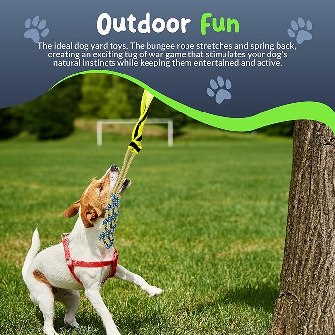 Tree Rope Toy for Dogs - Bungee Tug Toy for Small to Large Breeds - Outside Entertainment and Exercise Hanging Dog Toys Tug of War with Chew Rope and Ball Set (Reflective)