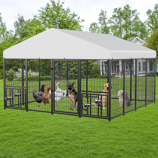 ROOMTEC Large Dog Kennel Outdoor Pet Pens Dogs Run with 4 Bowls (10' L x 10' W x 6.5'H)