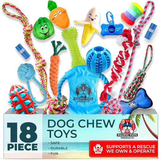 Pacific Pups 18 Piece Bulk Dog Toy Pack - Chew, Plush, and Rope Dog Toys to Keep Them Busy - Puppy Teething Chew Toys, Treat Ball, Squeaky Plushies, Tug of War Ropes, Rubber Chew - Helps Rescue Dogs