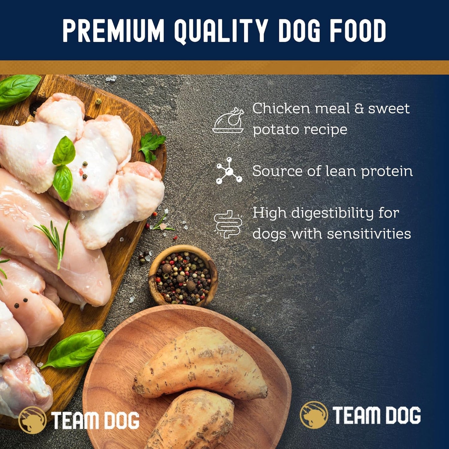 Team Dog Essential Blend Chicken & Sweet Potato | Sensitive Stomach Dog Food Small Breed & Large Breed | Gluten Free, GMO Free, No Corn, Wheat or Soy | All Life Stage Formula (33 lb Dry Dog Food)