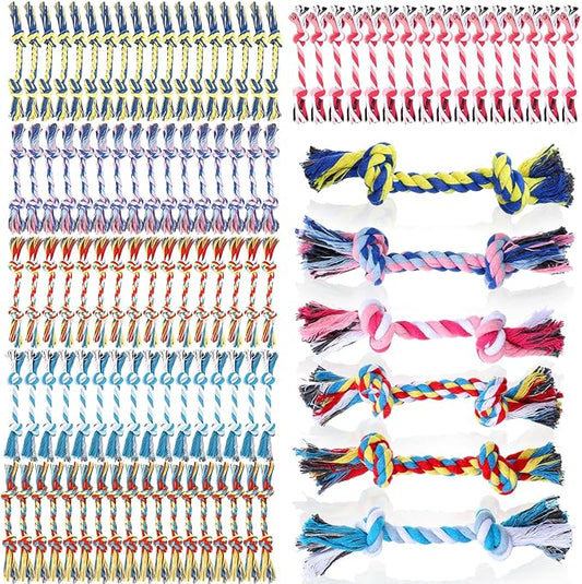 100 Pieces 6.7 Inch Knot Rope Dog Toys Multi Color Puppy Chew Toy Cotton Puppy Toy Dental Dog Teething Toys 2 Knot Dogs Tug for Small and Medium Dogs Aggressive Chewers Supplies