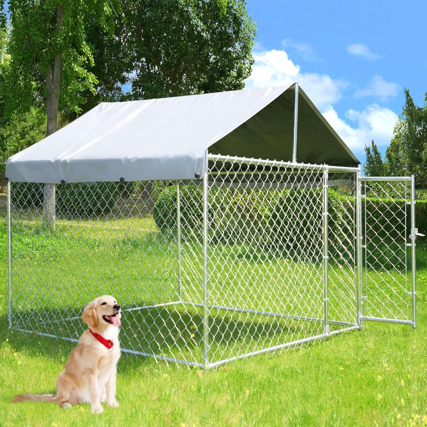 6.8x6.8ft Large Dog Kennel Outdoor, Heavy-Duty Outside Dog Kennel with Roof, Security Latch-Lock Door, Chain-Link Dog Enclosure Dog Run for Yard with Cover
