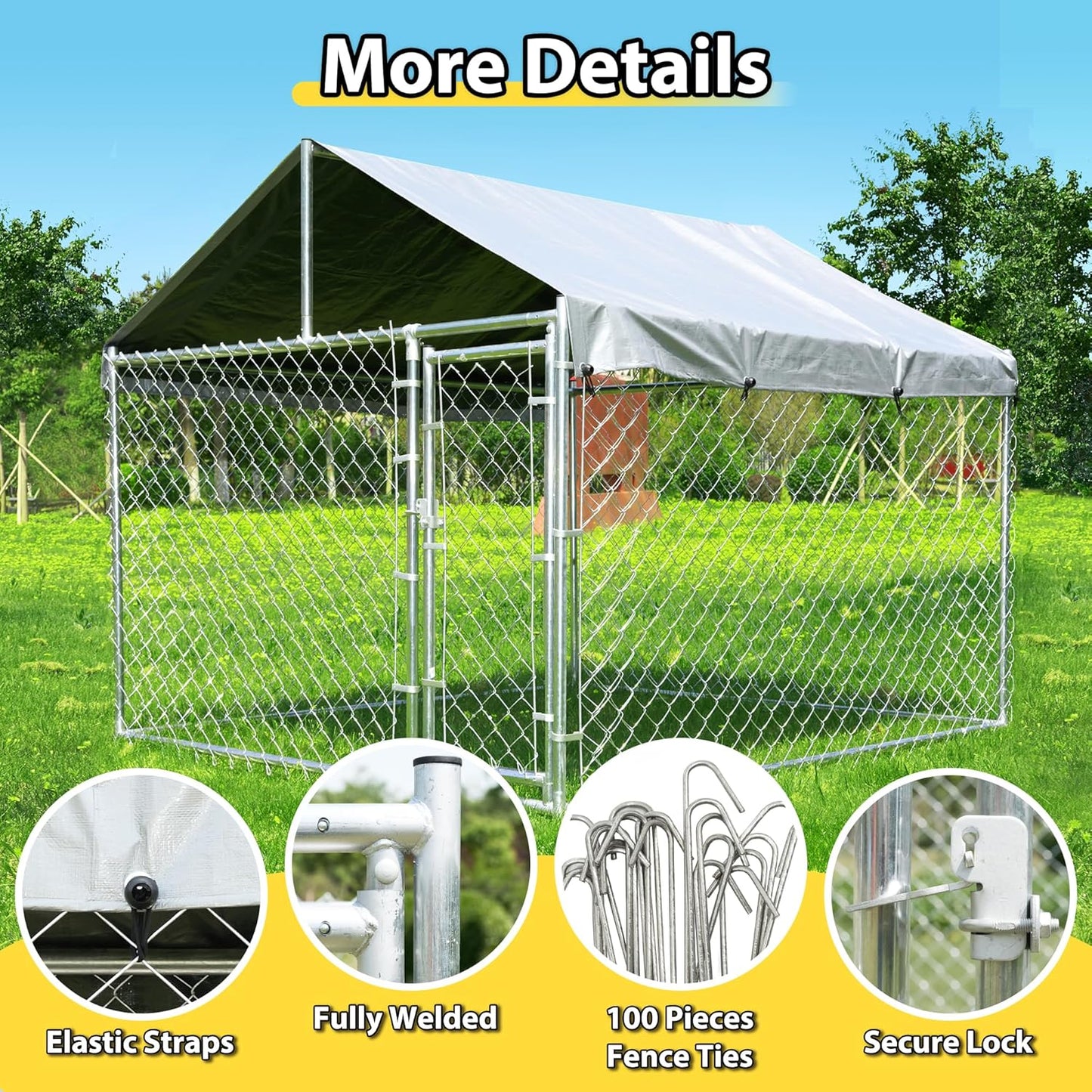 Large Dog Kennel Outdoor, Outside Dog Run Enclosure Heavy Duty Galvanized Steel Chain Link Metal Dog Pen House with Lockable Door and Water-resistant Roof, for Medium and Large Dogs(6.76'x6.76'x5.65')