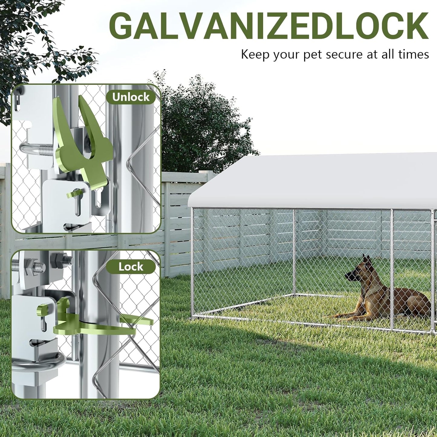 Rovibek 7.5 ×19.7 FT Outdoor Dog Kennel with Roof, Two Rooms Dog Kennel Outside with Waterproof Sunproof Cover, Galvanized Heavy Duty Dog Kennel and Enclosure for Outside with Secure Lock