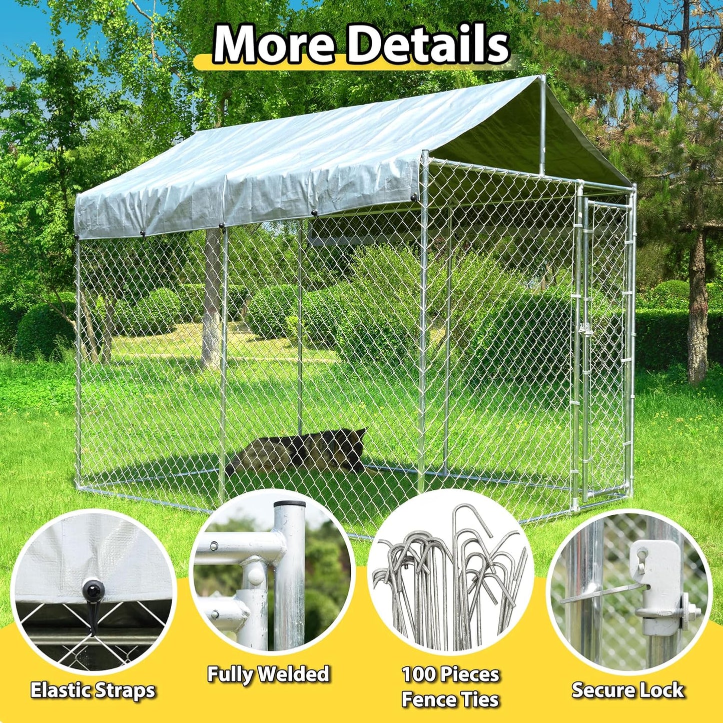 Large Dog Kennel Outdoor, Outside Dog Run Enclosure Heavy Duty Galvanized Steel Chain Link Metal Dog Pen House with Lockable Door and Water-Resistant Roof, for Medium and Large Dogs(10'x6'x7.65')