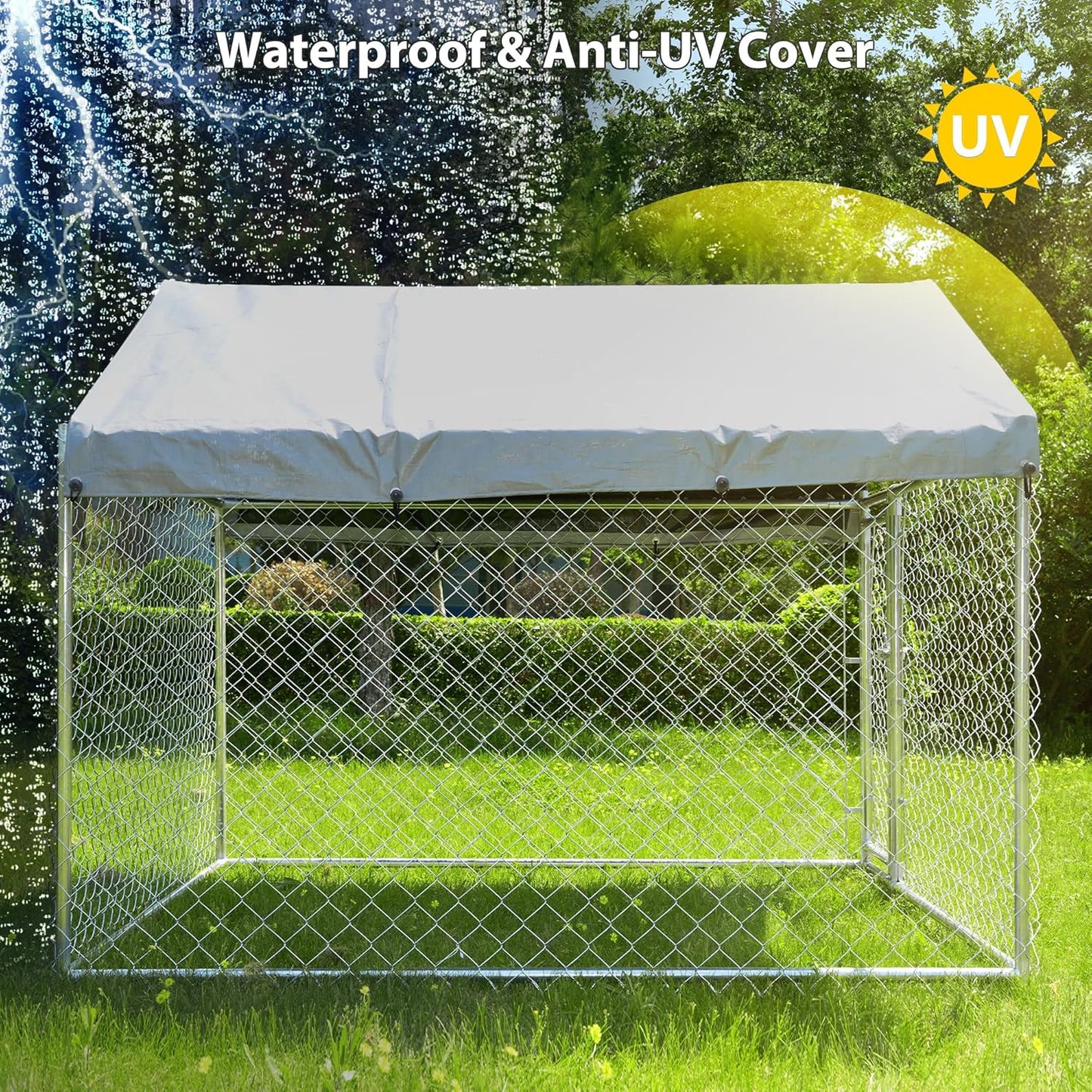 Large Dog Kennel Outdoor, Outside Dog Run Enclosure Heavy Duty Galvanized Steel Chain Link Metal Dog Pen House with Lockable Door and Water-resistant Roof, for Medium and Large Dogs(6.76'x6.76'x5.65')