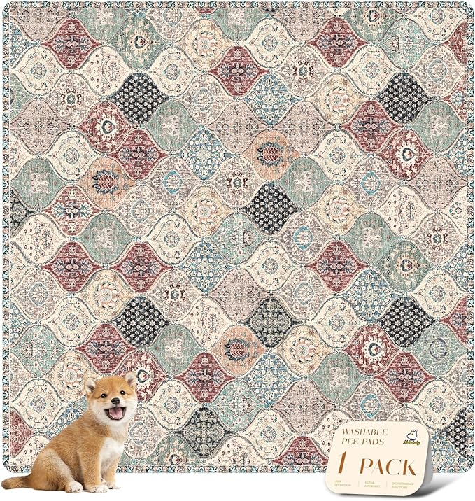 nunubaby Washable Pee Pads for Dogs, Stylish, Non-Slip and Leak-Proof Pee Pads. Reusable Potty Pads for Dogs for Crates and Floors.(Dark Red/Multi, 72" x72" )