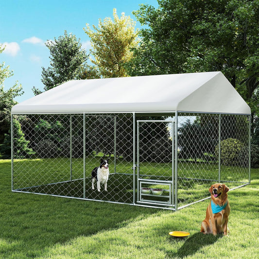 Rovibek 10x10 Ft Dog Kennel Outside, Outdoor Dog Kennel with Roof, Dog Kennels Outdoor with Steel Rotating Feeder Bowls, Outside Kennel for Large Dogs