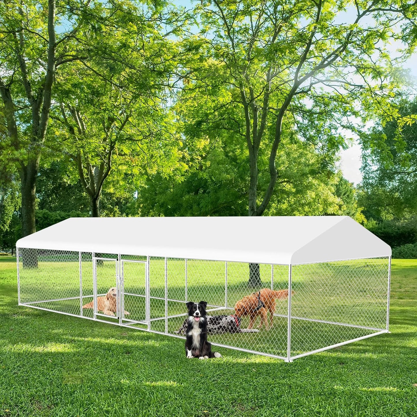 Rovibek 7.5 ×19.7 FT Outdoor Dog Kennel with Roof, Two Rooms Dog Kennel Outside with Waterproof Sunproof Cover, Galvanized Heavy Duty Dog Kennel and Enclosure for Outside with Secure Lock