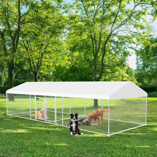 Rovibek 7.5 ×19.7 FT Outdoor Dog Kennel with Roof, Two Rooms Dog Kennel Outside with Waterproof Sunproof Cover, Galvanized Heavy Duty Dog Kennel and Enclosure for Outside with Secure Lock