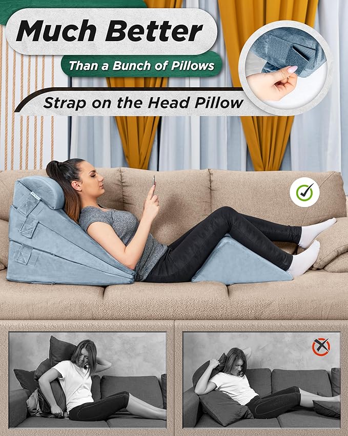 Lunix 5pcs Orthopedic Bed Wedge Pillow Set for Sleeping – Adjustable Post Surgery Back, Leg & Knee Support, Acid Reflux & GERD Relief, Memory Foam Head Pillows, with Hot/Cold Pack, Gray