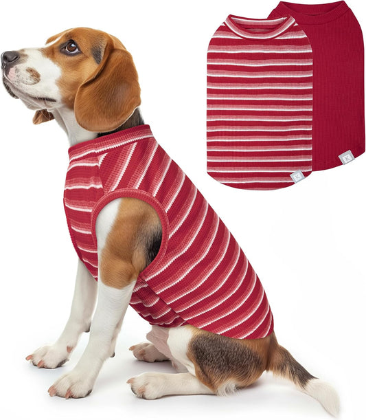 KYEESE 2Pack Waffle Dog Shirts Stretchy Dog T-Shirts Lightweight Dogs Tank Top Sleeveless Striped Dogs Shirt Vest Breathable, XX-Large, Red+Striped