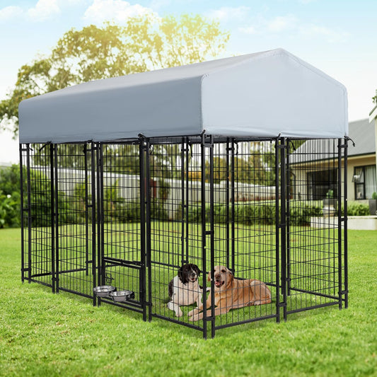 Grepatio Outdoor Dog Kennel for Large Dogs, 8x4x5.7 FT Dog Enclosure with Waterproof, Heavy Duty Welded Wire Steel Dog Playpen Fence with 2 Rotating Dogs Bowls, Outside Dogs Cage Run with Secure Lock