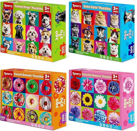 SYNARRY 100 Piece Puzzles for Kids Ages 4-6 6-8, Wooden 100 Piece Puzzle, 4 5 6 7 8 Year Old Puzzles for Kids Ages 4-8, Cat Dog Flower Donut Jigsaw Puzzle for 3+ Years Old Boys Girls