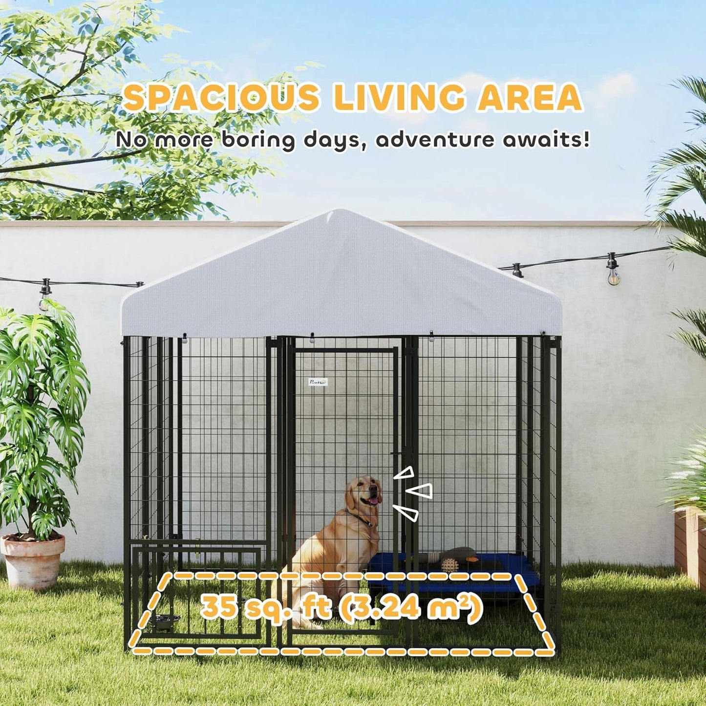 PawHut 6' x 6' x 6' Outdoor Dog Kennel, Welded Wire Dog Kennel Outside Run with 360° Rotating & 4 Level Adjustable Bowls, Waterproof & UV Resistant Cover, for S&M&L Breeds, Chickens, Ducks, Silver