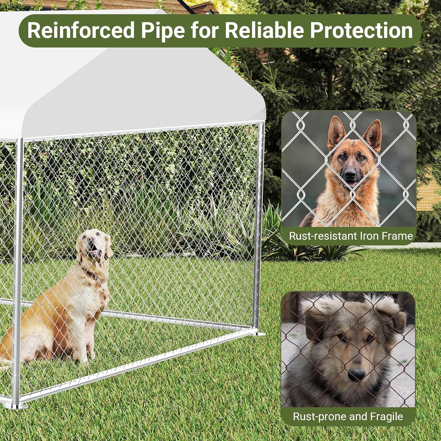 Rovibek 7.5 ×19.7 FT Outdoor Dog Kennel with Roof, Two Rooms Dog Kennel Outside with Waterproof Sunproof Cover, Galvanized Heavy Duty Dog Kennel and Enclosure for Outside with Secure Lock