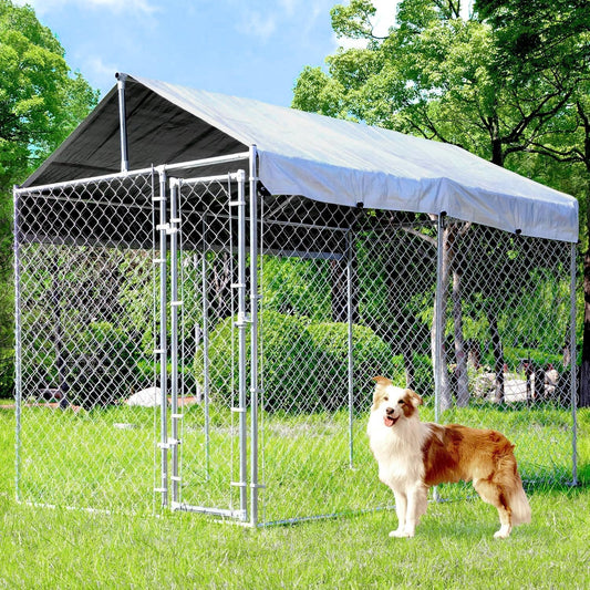Large Dog Kennel Outdoor, Outside Dog Run Enclosure Heavy Duty Galvanized Steel Chain Link Metal Dog Pen House with Lockable Door and Water-Resistant Roof, for Medium and Large Dogs(10'x6'x7.65')