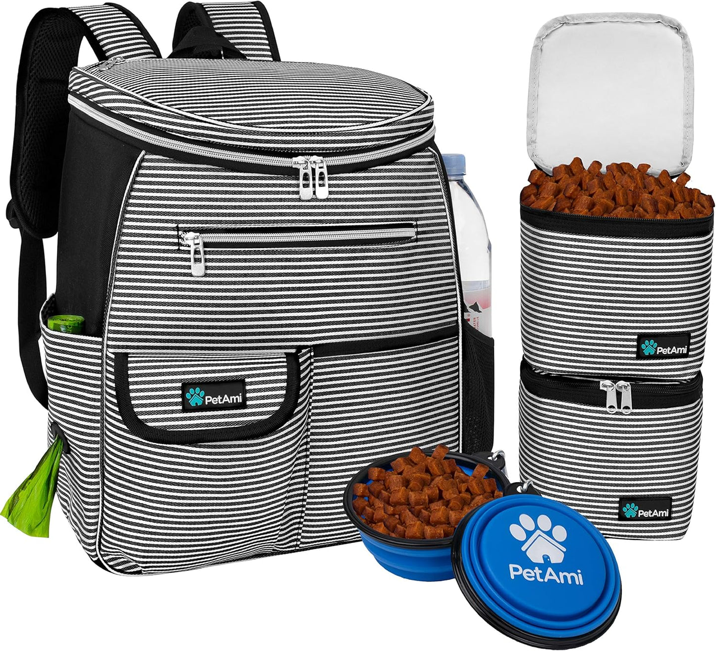 PetAmi Dog Travel Bag Backpack, Airline Approved Dog Bags for Traveling, Puppy Diaper Bag Supplies, Pet Camping Essentials Hiking Accessories Gift, Food Container, Collapsible Bowls, Stripe Black
