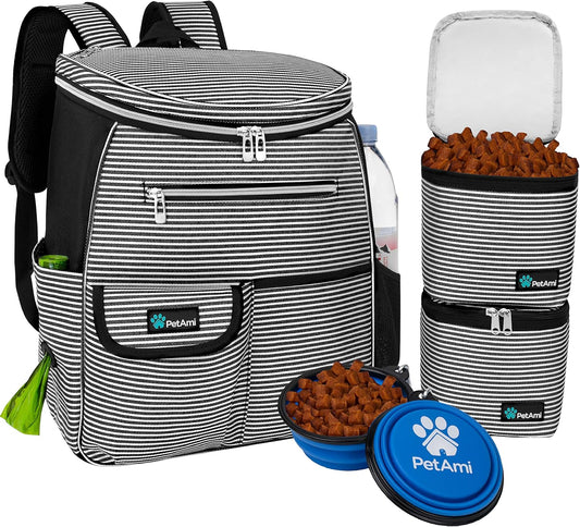 PetAmi Dog Travel Bag Backpack, Airline Approved Dog Bags for Traveling, Puppy Diaper Bag Supplies, Pet Camping Essentials Hiking Accessories Gift, Food Container, Collapsible Bowls, Stripe Black